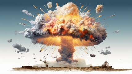 powerful nuclear explosions and mushroom cloud isolated on white background