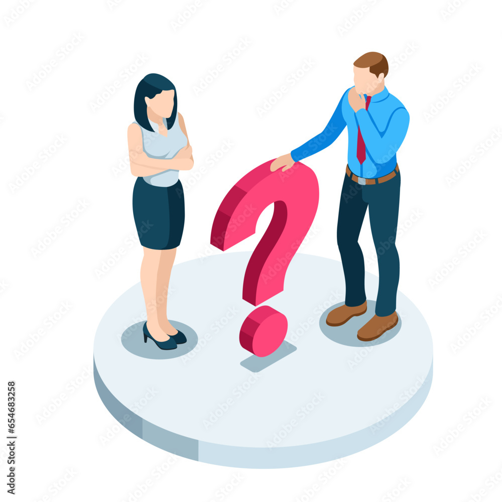 Poster isometric business man and woman in a thoughtful pose stands near a question mark in color on a whit