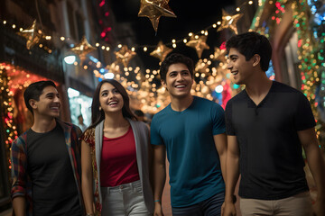 Group of friends enjoying their time together, walking in a Christmas market on a colonial street...