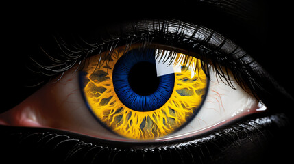 A close up of a human eye with a blue iris and yellow