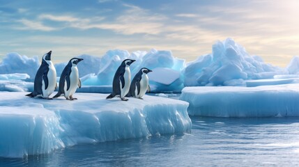 Penguins on ice floe - obrazy, fototapety, plakaty