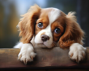 Photography of a dog lying on a wooden board, closeup shot of a dog head and paws, portrait, cavalier king charles spaniel - obrazy, fototapety, plakaty