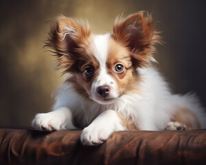 Photography of a dog lying on a soft silk blanket, closeup shot of a dog head and paws, portrait, papillon breed