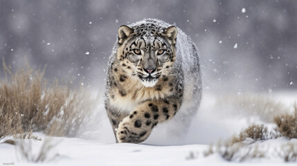 The Snow Leopard's Chase in a Winter Storm