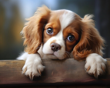 Photography of a dog lying on a wooden board, closeup shot of a dog head and paws, portrait, cavalier king charles spaniel