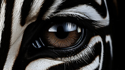A close up of a zebras eye with a black background - obrazy, fototapety, plakaty