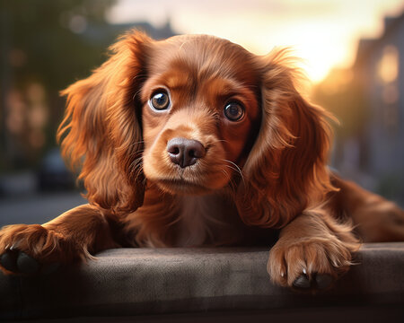 Photography of a dog lying on a wooden board, closeup shot of a dog head and paws, portrait, king charles spaniel dog