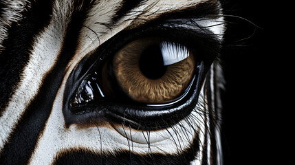 A close up of a zebras eye with a black background - obrazy, fototapety, plakaty