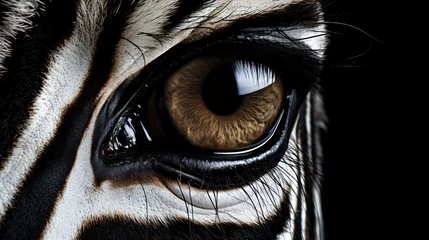 Zelfklevend Fotobehang A close up of a zebras eye with a black background © Rimsha