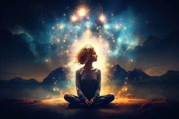 Spiritual awakening meditation. Mindfulness concept, enlightment. Post-processed, Generative AI - obrazy, fototapety, plakaty