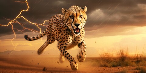 A Cheetah Sprinting in the Desert with Thunderstorm Behind