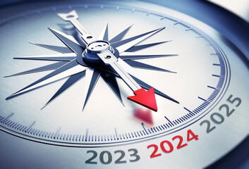 Fototapeta na wymiar White silver compass with needle pointing to the year number 2024