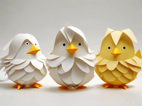 Easter chicks in origami style isolated on a white background. Easter eggs and chickens made of paper on a white background.