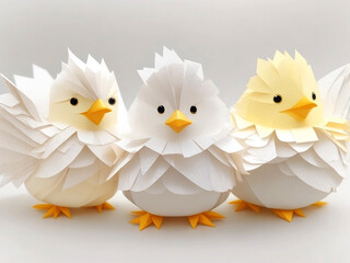 Easter chicks in origami style isolated on a white background. Easter eggs and chickens made of paper on a white background.