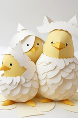 Easter chicks in origami style isolated on a white background. Easter eggs and chickens made of paper on a white background.
