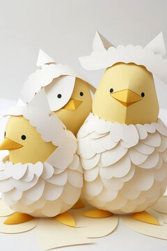Easter chicks in origami style isolated on a white background. Easter eggs and chickens made of paper on a white background.