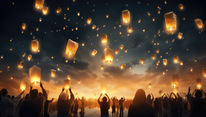 Lots of beautiful lanterns in the night sky during Diwali in India - obrazy, fototapety, plakaty