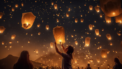 Lots of beautiful lanterns in the night sky during Diwali in India - obrazy, fototapety, plakaty