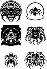 Set of tarantula spiders, vector illustrations of spiders in black, mascot logo designs