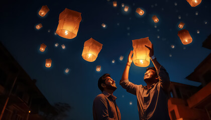 two men launch sky lanterns during a diwali in India - obrazy, fototapety, plakaty