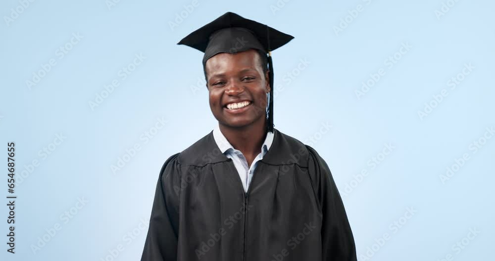 Sticker Face, ok sign and black man with graduation, smile and achievement on a blue studio background. Portrait, student or African person with degree, perfect symbol and feedback with support or excellence