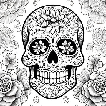 coloring book skull and flowers. sugar skull mexico