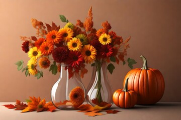 Naklejka na ściany i meble autumn still life with pumpkins and flowers in a vase isolated on solid background