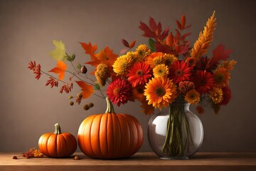 Naklejka na ściany i meble autumn still life with pumpkins and flowers in a vase isolated on solid background