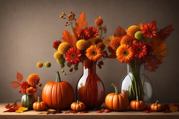 still life with pumpkins and flowers in vase isolated on solid background