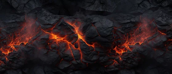 Poster Hot glowing lava closeup background, black orange heat design, top view © leftmade