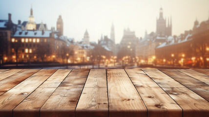Empty rustic wooden table with european architecture city old classic  building, blurred bokeh...