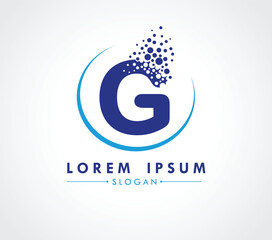 G Logo design with dispersing effect isolated on white background. Vector Illustrator.