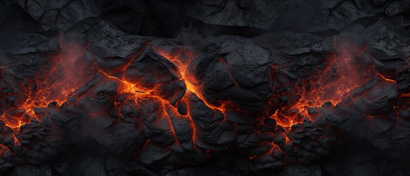 Hot glowing lava closeup background, black orange heat design, top view