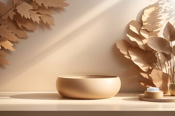 Blank brown wooden counter table in soft sunlight, leaf shadow on beige texture wallpaper wall for luxury organic cosmetic nature 