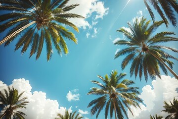 Blue sky and palm trees view from below, vintage style, tropical beach and summer background tropical