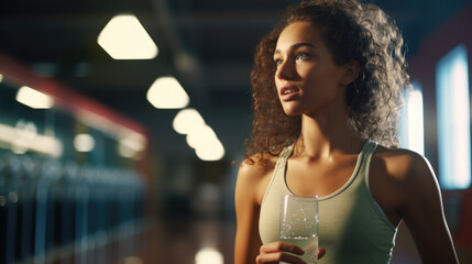 Girl drinking water in gym after workout, ai generated.