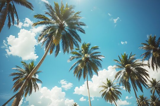 Blue sky and palm trees view from below, vintage style, tropical beach and summer background, palm tree