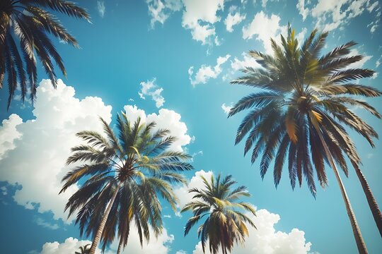 Blue sky and palm trees view from below, vintage style, tropical beach and summer background tropical 