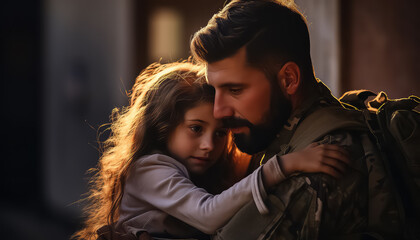 Patriotic soldier emotional soldier with daughter in the war. - obrazy, fototapety, plakaty