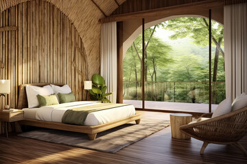 Cozy bedroom in an eco hotel in tropical style with bed, large windows, bamboo walls, view of...