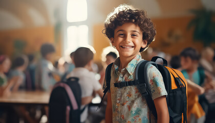Boy standing in school with backpack smiling first study day