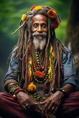 Fototapeta na wymiar Portrait of an Indian Sadhu, deeply immersed in spiritual wisdom, adorned in vibrant attire that beautifully complements his Rasta-style dreadlocks. Created with AI technology