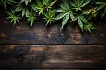 marijuana leaf on wooden background, ai generated. - obrazy, fototapety, plakaty