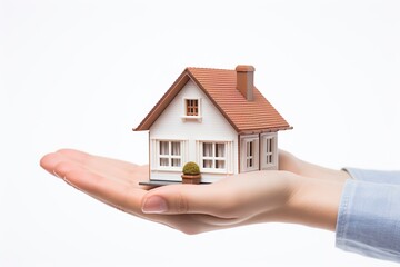Hand holding a house isolated on a white background