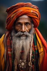 Obraz premium Portrait of an Indian Sadhu, deeply immersed in spiritual wisdom, adorned in vibrant attire that beautifully complements his Rasta-style dreadlocks. Created with AI technology