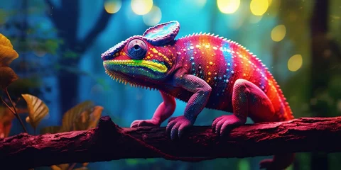 Gordijnen Colorful Chameleon Perched on a Tree Branch with Vibrant Neon Light Effect. Digital Art © Resdika