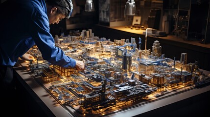 An architect visualized as a tapestry of blueprints, construction tools, and skyscrapers, embodying the vision and precision required in their profession.