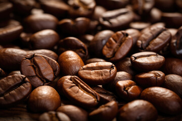 Naklejka premium close up shot of coffee beans on the table, ai generated.