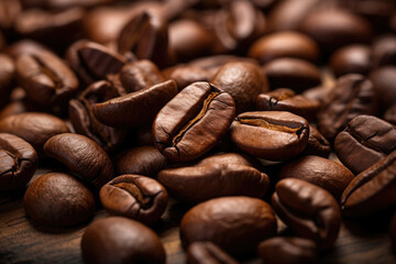 Fototapeta premium close up shot of coffee beans on the table, ai generated.