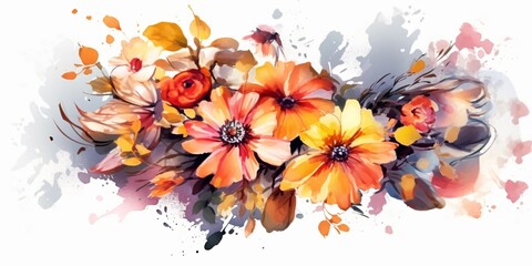 Colorful Watercolor Flowers Illustration Isolated on White Background